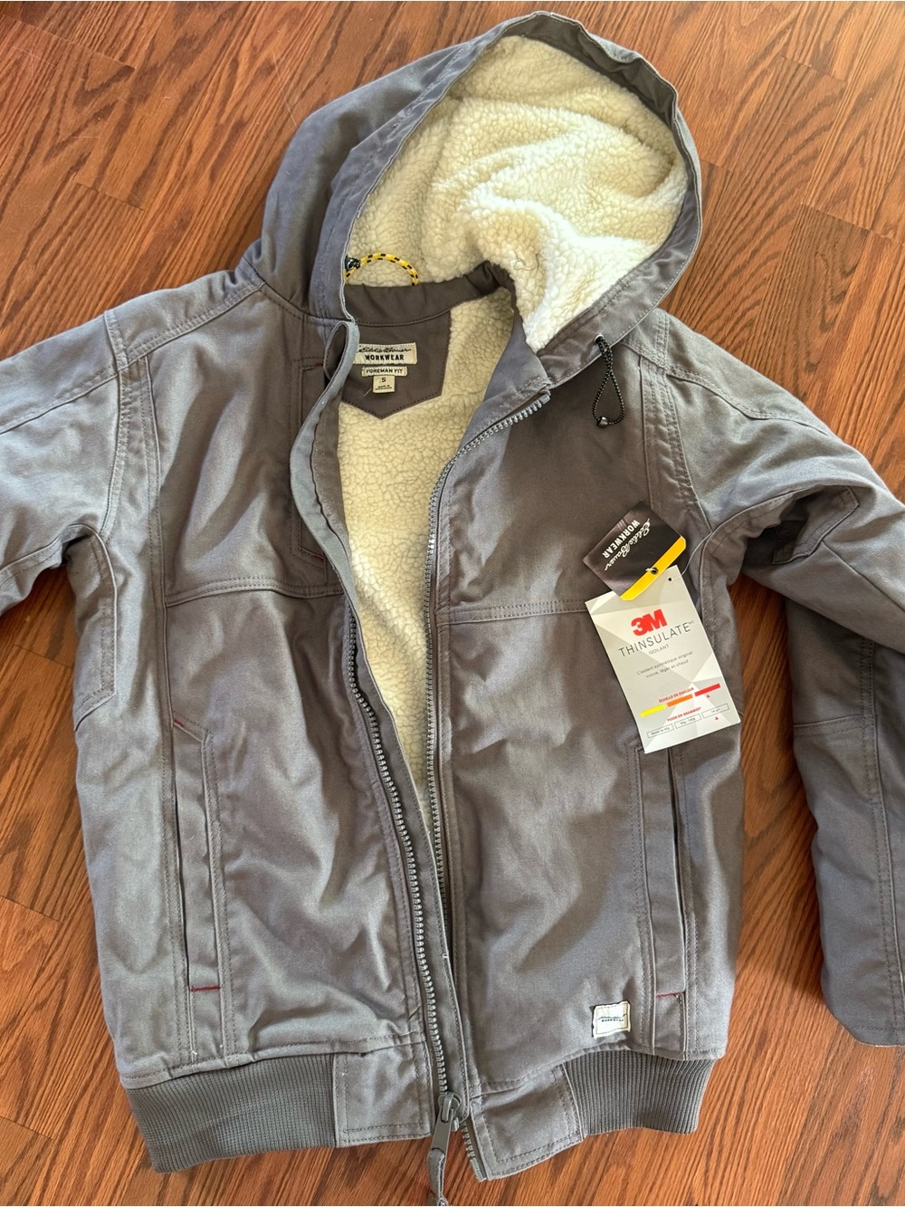 Eddie Bauer Gray Hooded Sherpa-Lined mens canvas work jacket